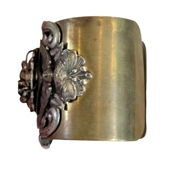 Steampunk Large Cuff Bracelet Brass & Silver Tone Watch Gear Art Nouveau Design - Picture 11 of 11